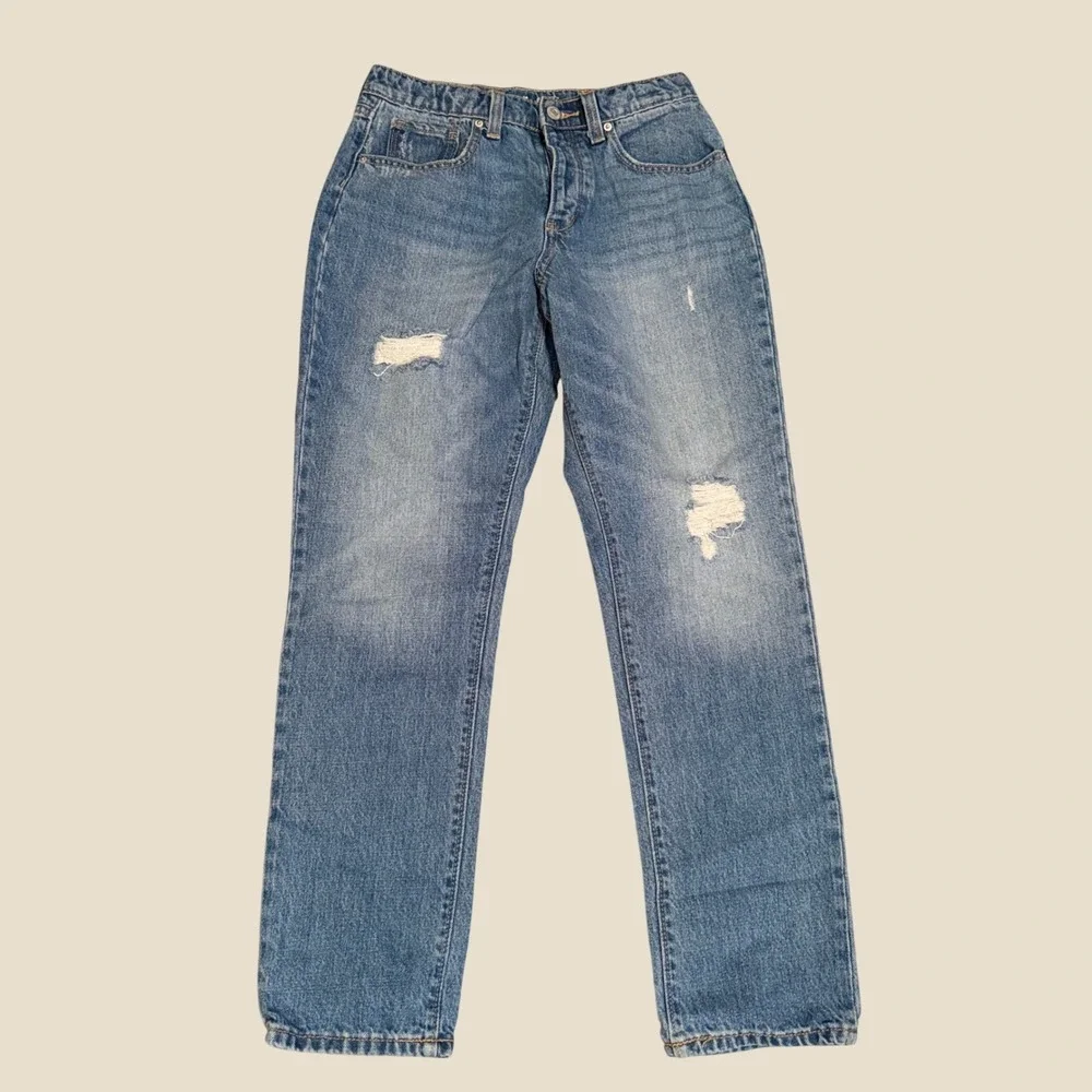 Old Navy Kids O.G. Straight High Rise Distressed Jeans Blue Size 14 Button Fly
